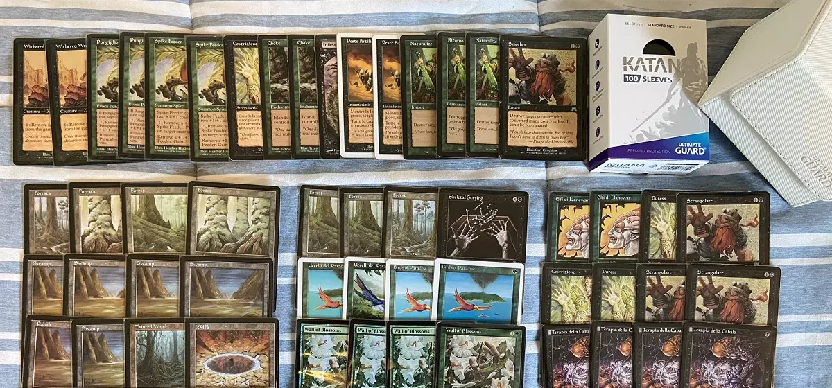 Photo of Andrea Mengucci's Premodern deck from Magic: The Gathering with Ultimate Guard deck box and Katana sleeves 